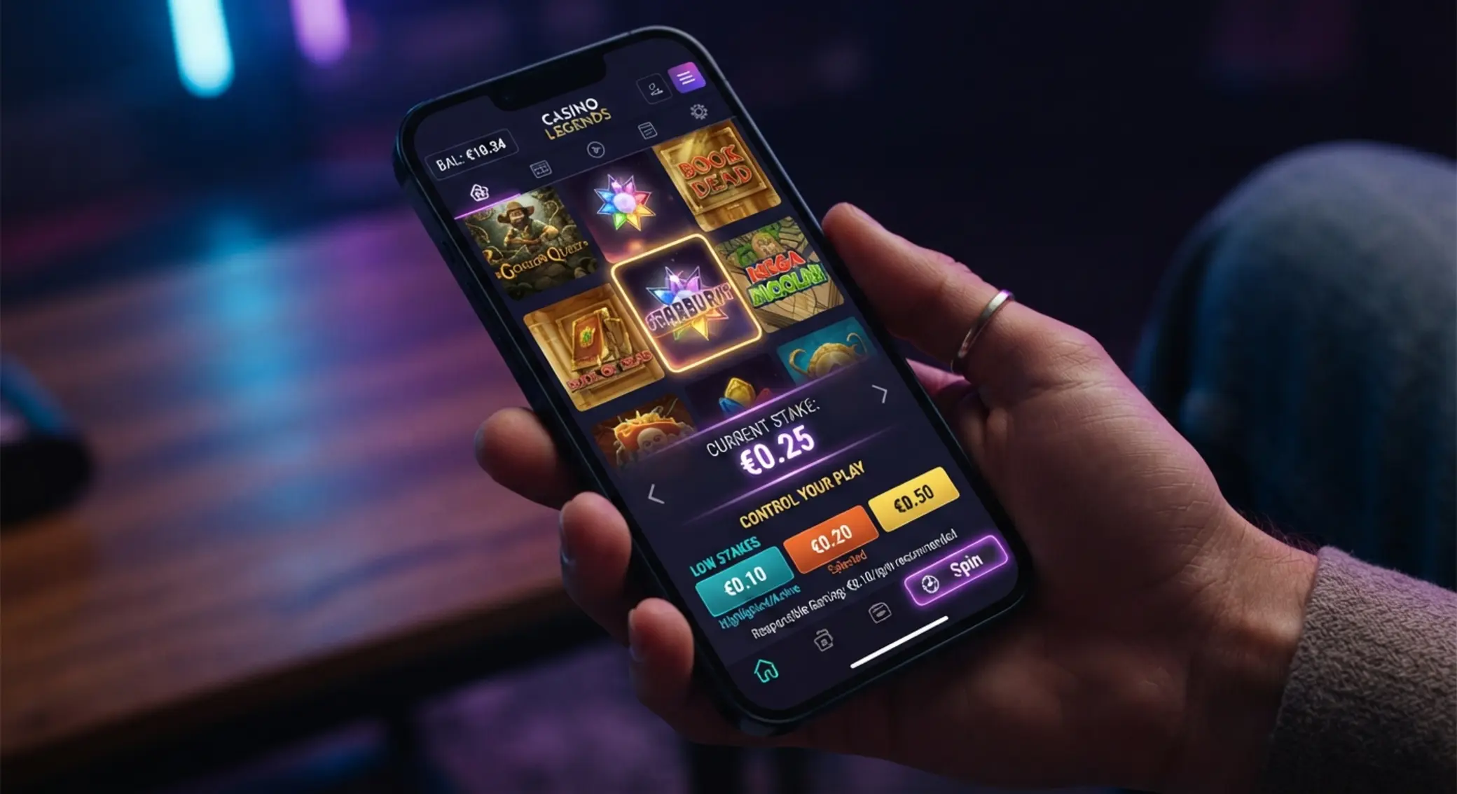 Gestion d’une session de jeu avec 10 € Interface de jeux avec solde de 10 euros et petites mises visibles