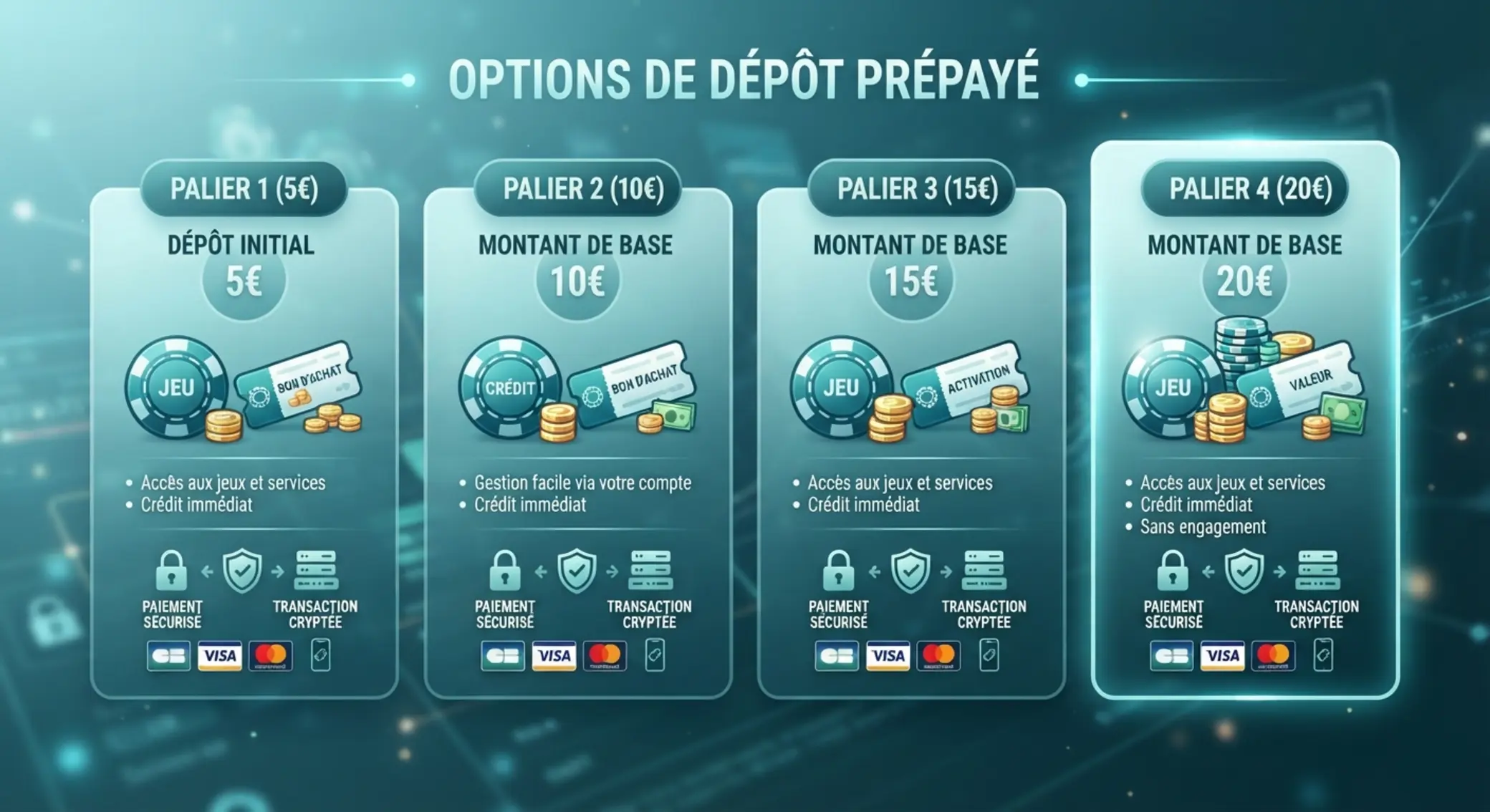 Montants de dépÎt prépayé les plus courants Paliers de dépÎt 5 10 15 20 euros avec symbole de sécurité