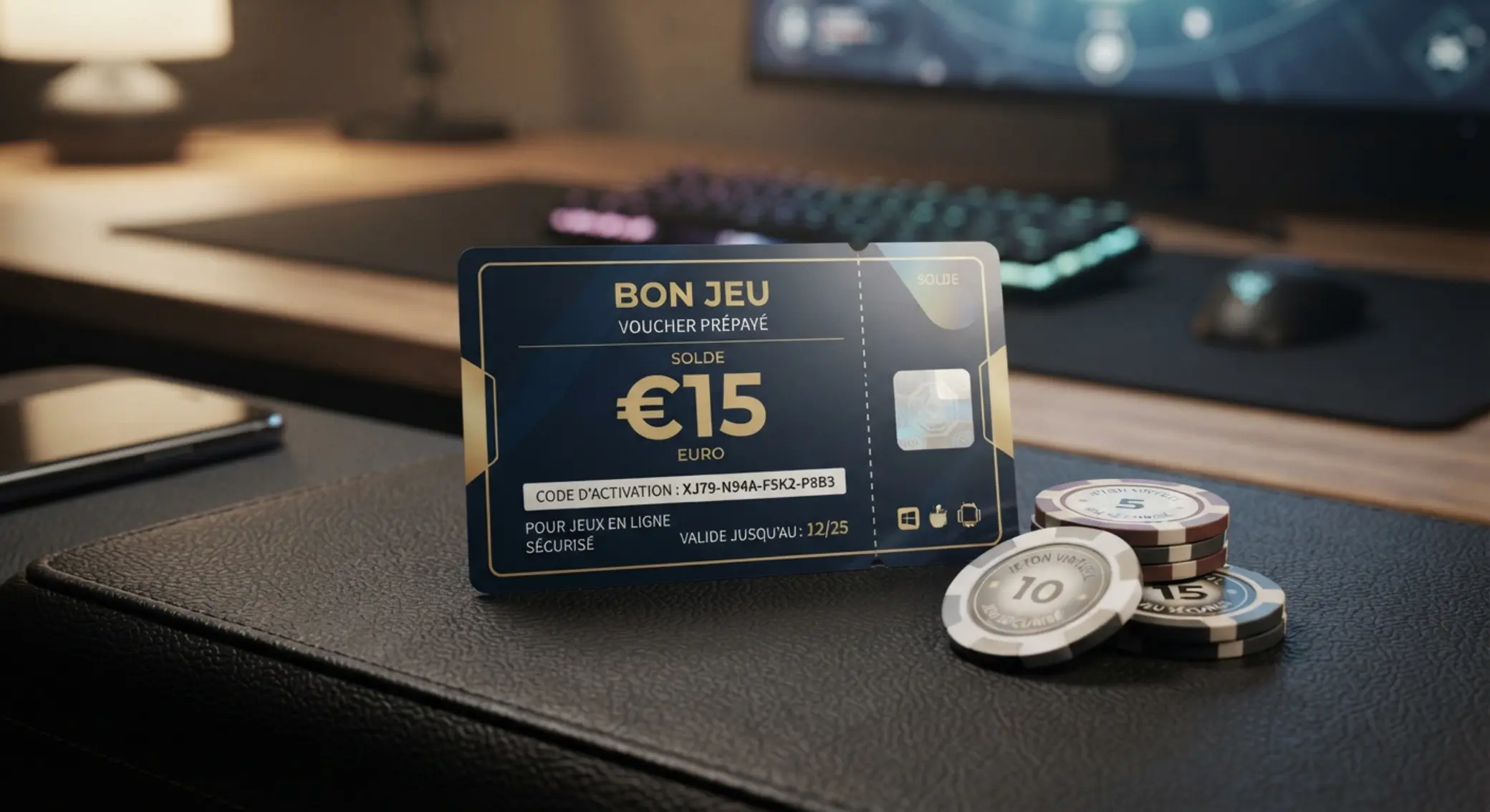 Petit budget avec dépÎt prépayé de 15 euros Coupon prépayé de 15 ⏠avec jetons illustrant un petit budget