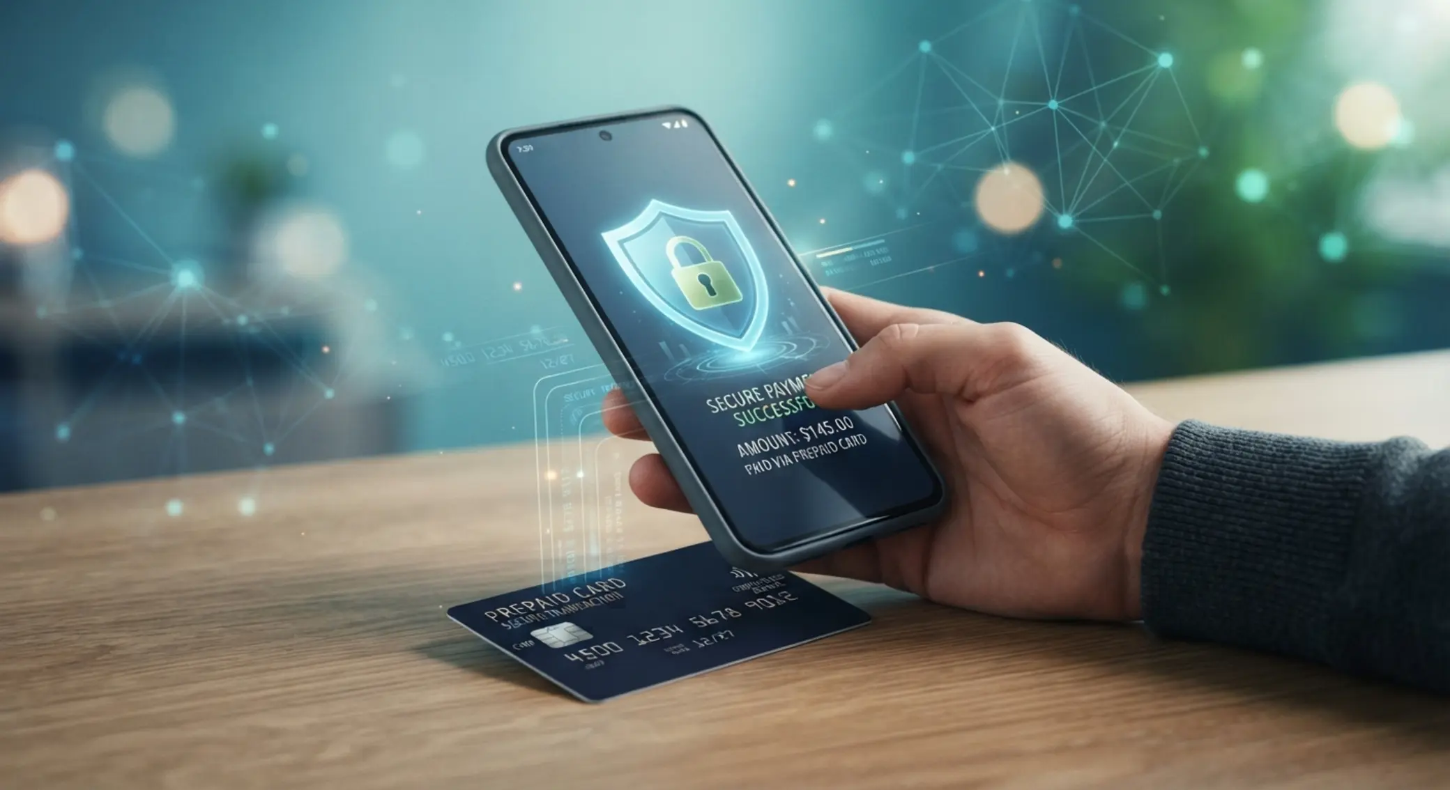 Smartphone sécurisé avec symbole de protection et carte prépayée