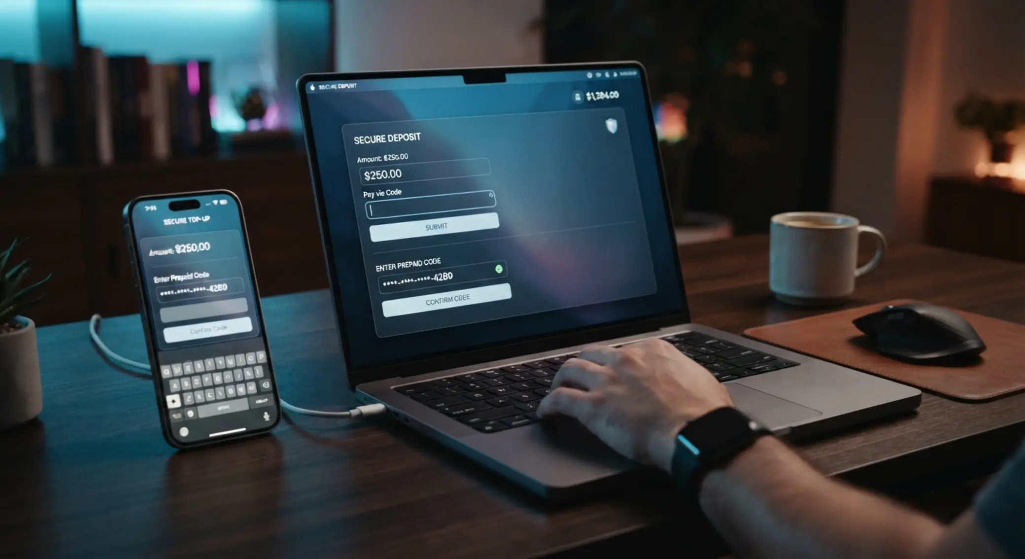 Déposer avec un ticket prépayé sur PC et mobile Interface de dépôt sur ordinateur et mobile avec saisie d’un code prépayé