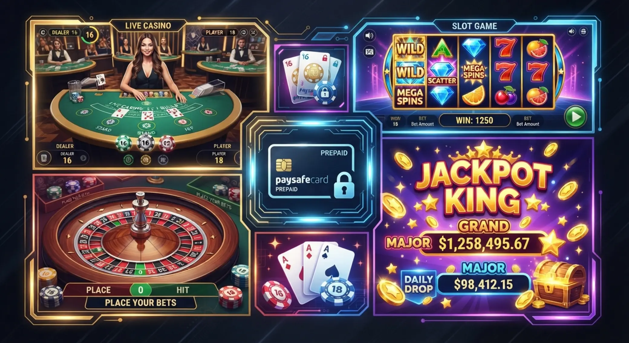 Catégories de jeux disponibles avec paiement prépayé Illustration des catégories de jeux en ligne avec slots, roulette et blackjack live