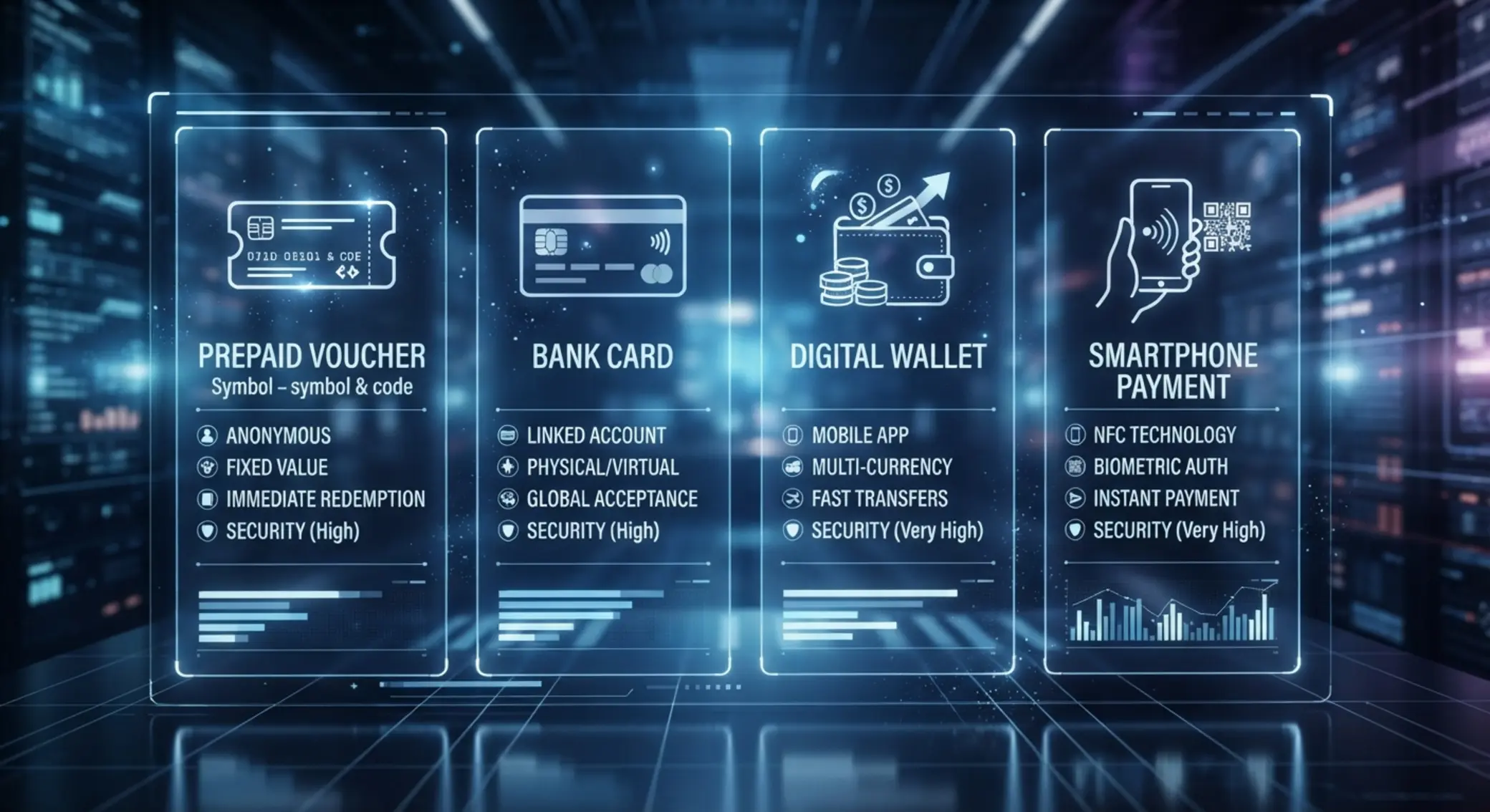 Comparaison visuelle entre bon prépayé, carte, portefeuille et paiement mobile