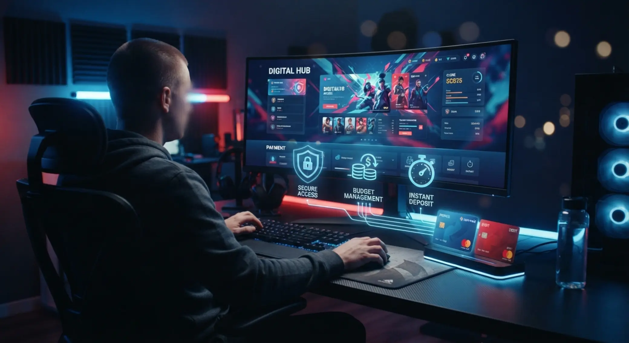Avantages de Paysafecard et Maestro pour le jeu en ligne Utilisateur en ligne avec icônes sécurité budget et rapidité