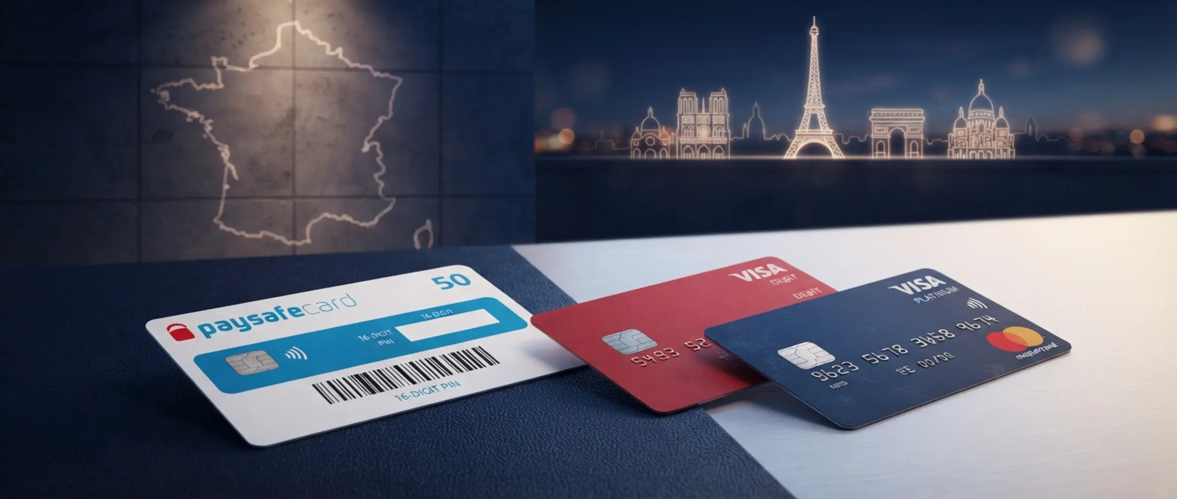 Paysafecard avec Visa et Mastercard en France Paysafecard et cartes bancaires sur fond de France pour paiement en ligne sécurisé