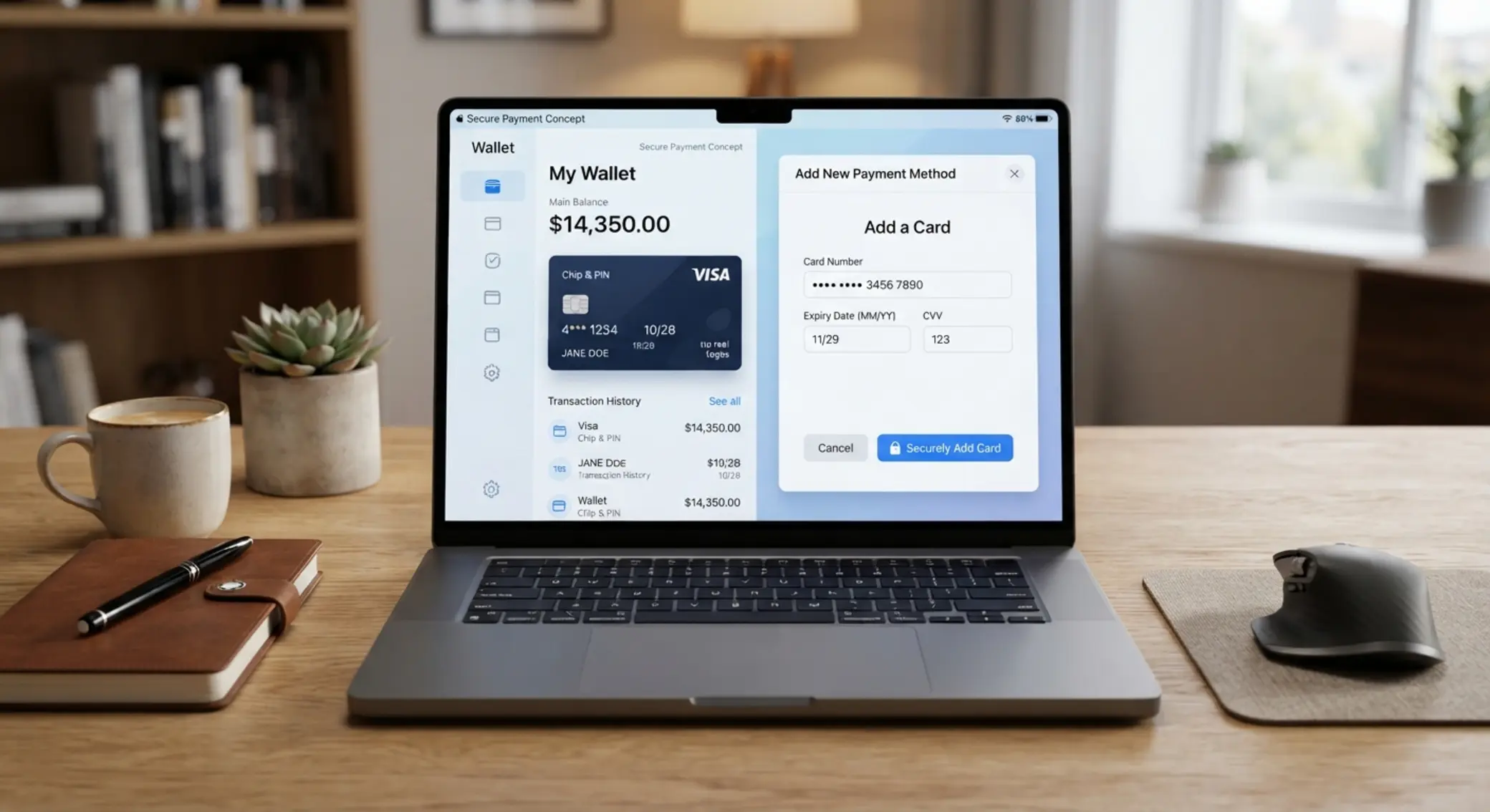 Ajout dâune carte Ă un portefeuille numĂ©rique Interface portefeuille avec ajout de carte pour paiement sĂ©curisĂ©